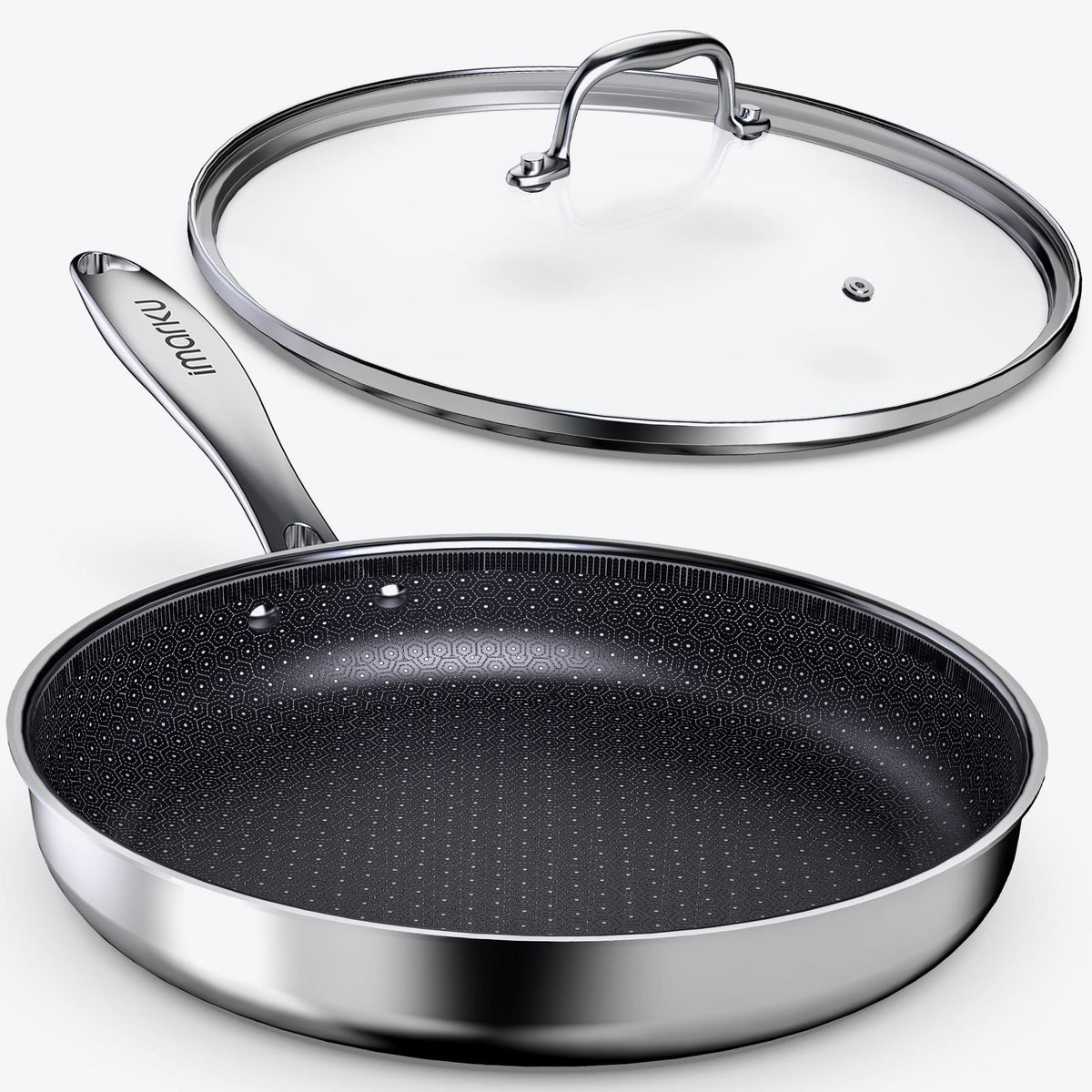 8", 10"&12" Stainless Steel Cookware PFOA Free Non-Stick Pan with Lid for Induction - 12"