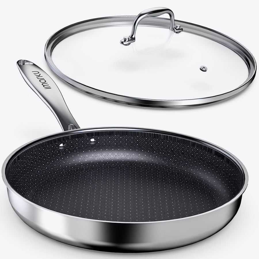 8", 10"&12" Stainless Steel Cookware PFOA Free Non-Stick Pan with Lid for Induction - 12"