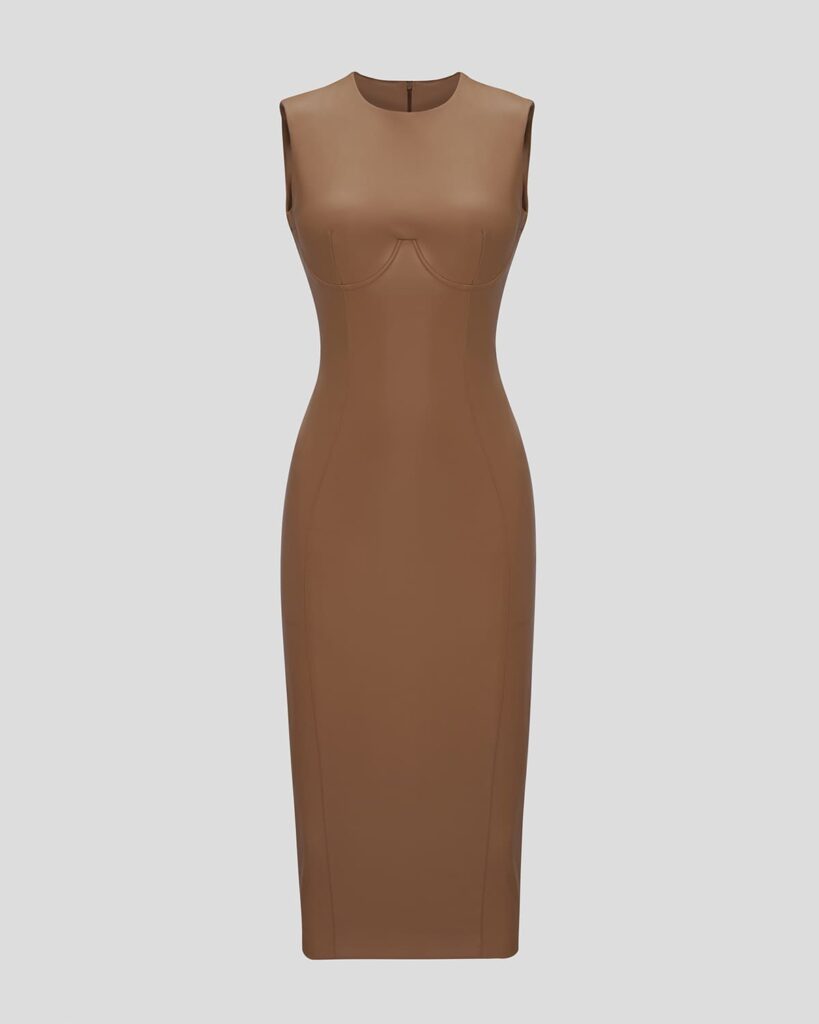 Beige midi dress made of eco leather