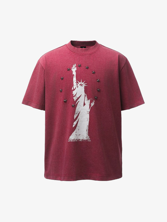 Statue of Liberty Print and Star Details T-Shirt - Red / S