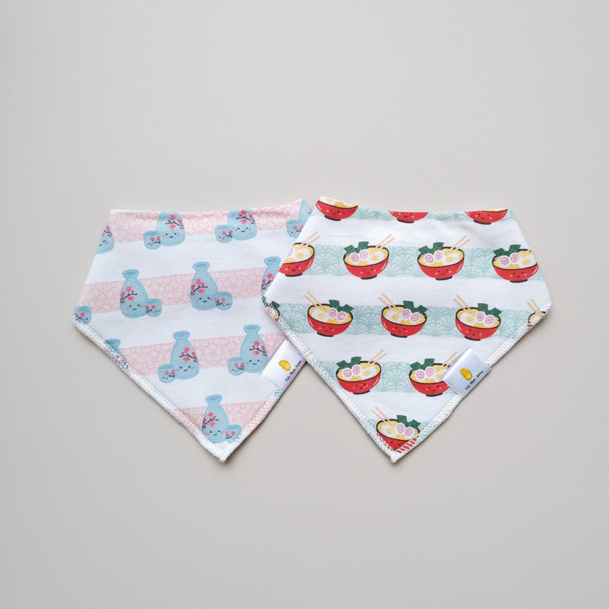 Organic Cotton Bandana Bibs 2pcs Set - Ramen + Sake | Design: Ramen + Sake