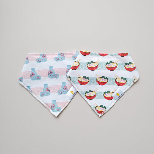 Organic Cotton Bandana Bibs 2pcs Set - Ramen + Sake | Design: Ramen + Sake
