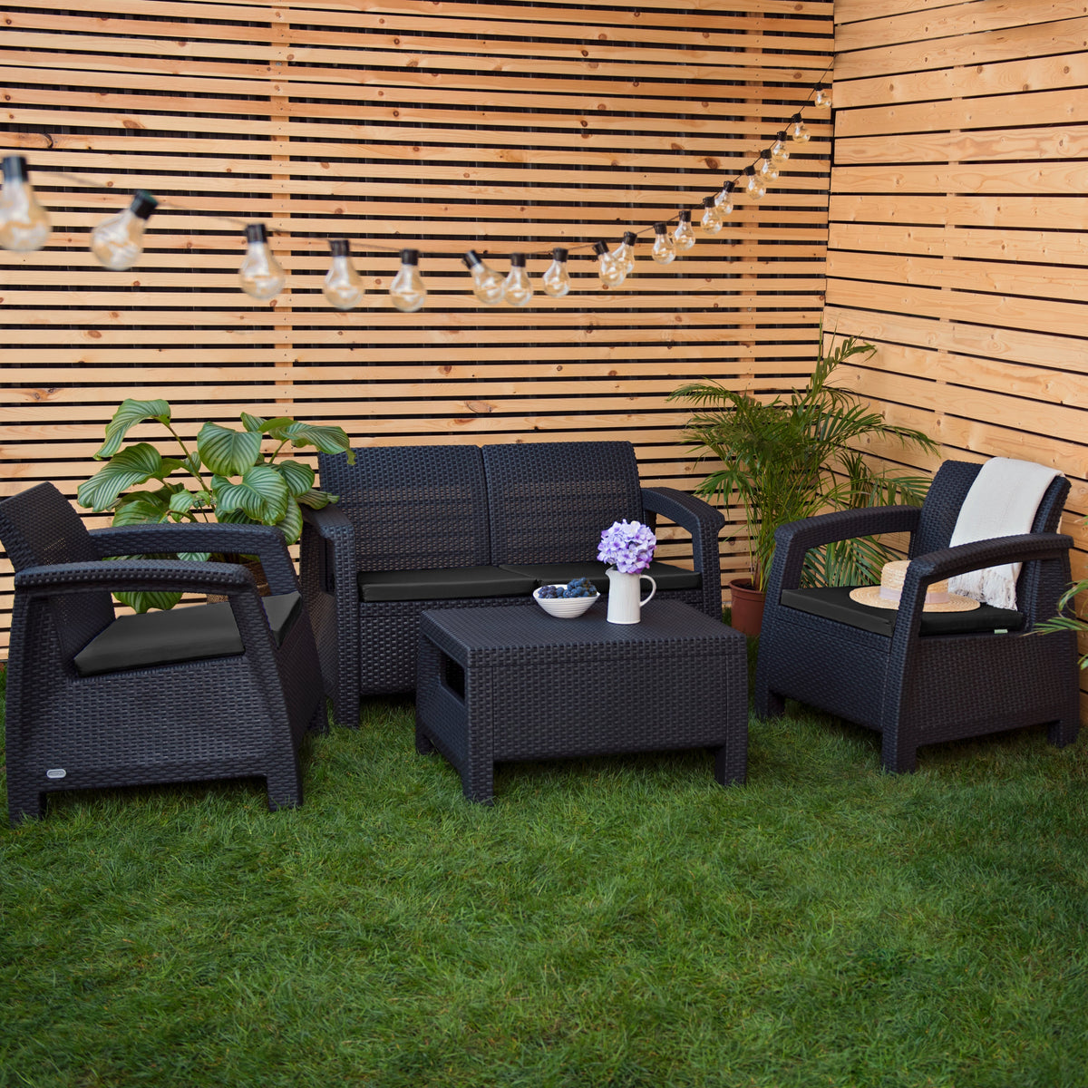 Water-Resistant 4-Piece Outdoor Rattan Seat Cushions for Garden Carolina Furniture Seat Pads - Black
