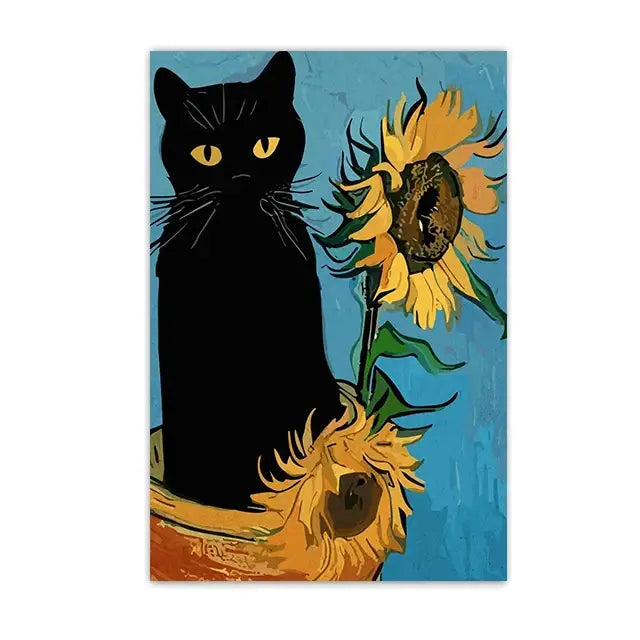 Black Cat Sunflower Canvas - light yellow / 20x30cm Unframed
