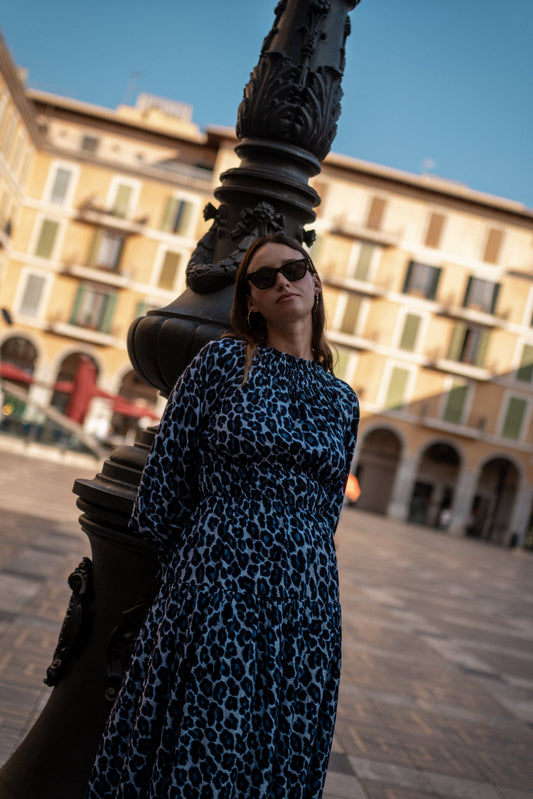 Blue Animal Print Shirred High Neck Maxi Dress
