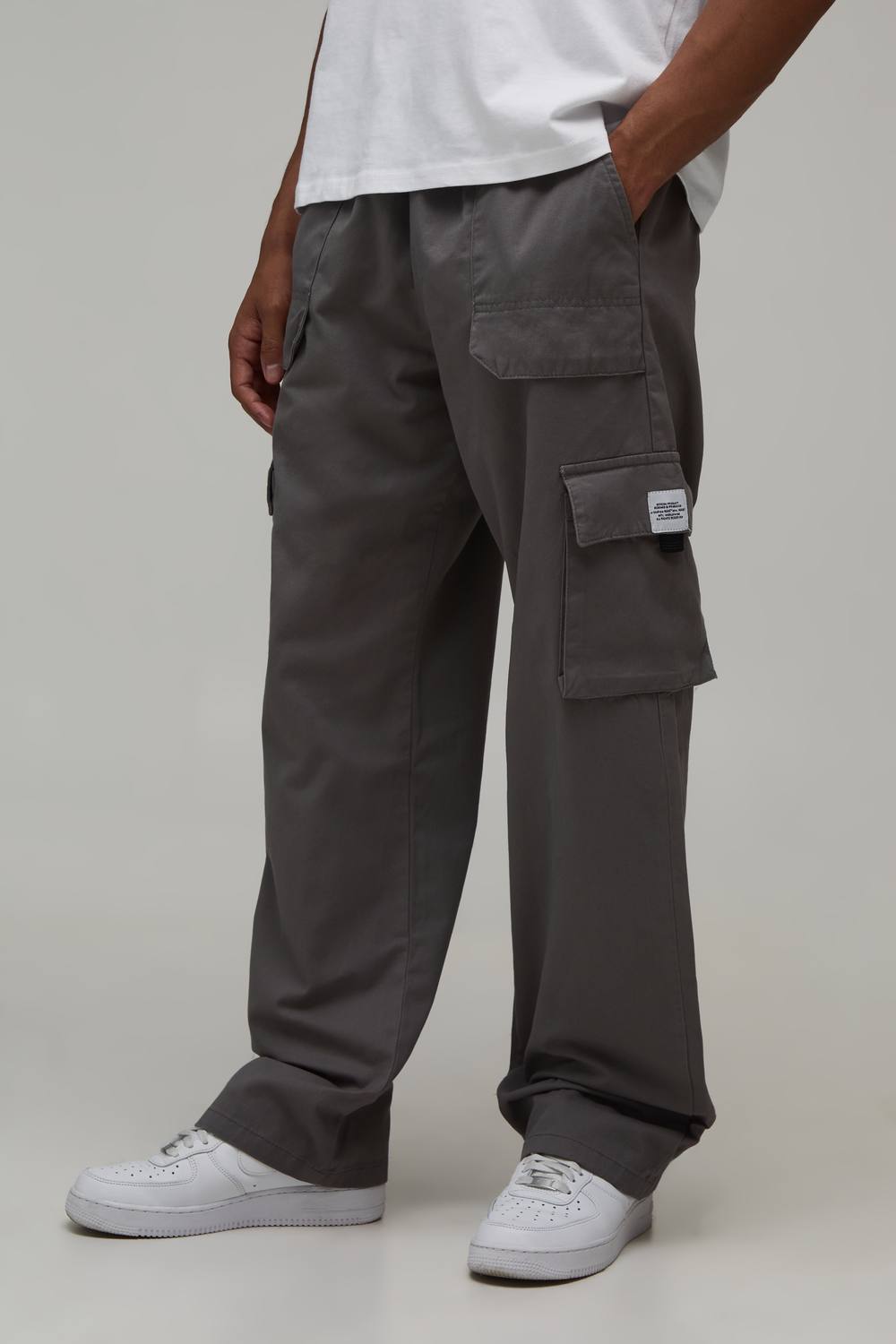 Elasticated Waist Relaxed Fit Buckle Cargo Trouser | Slate | Size Medium