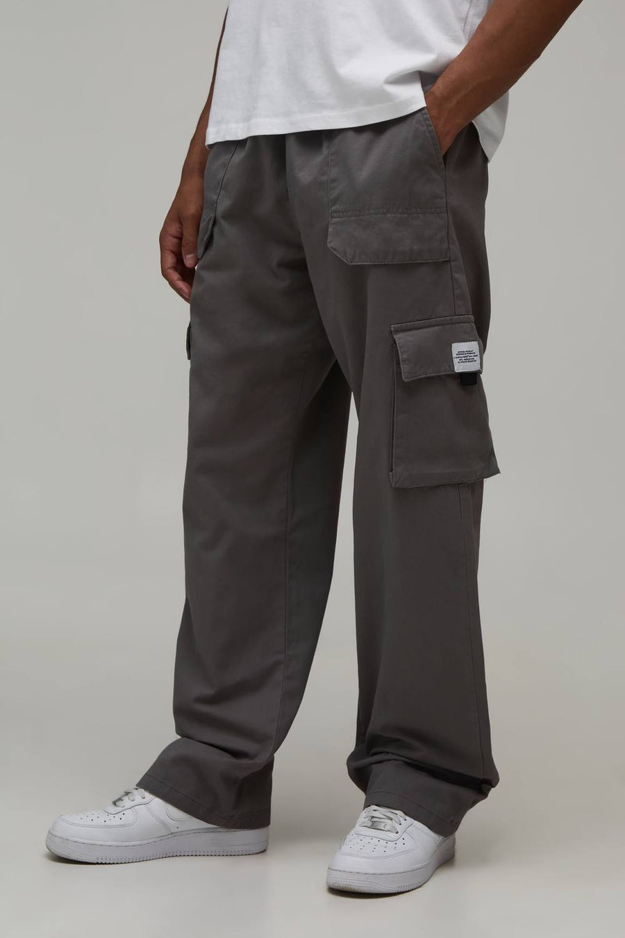 Elasticated Waist Relaxed Fit Buckle Cargo Trouser | Slate | Size Medium