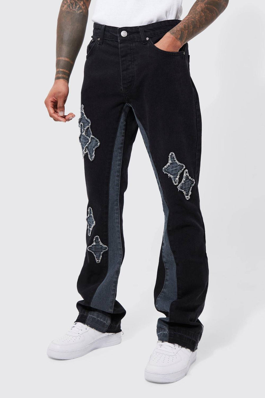 Slim Flare Applique Panel Jeans | Washed Black | Size 36R