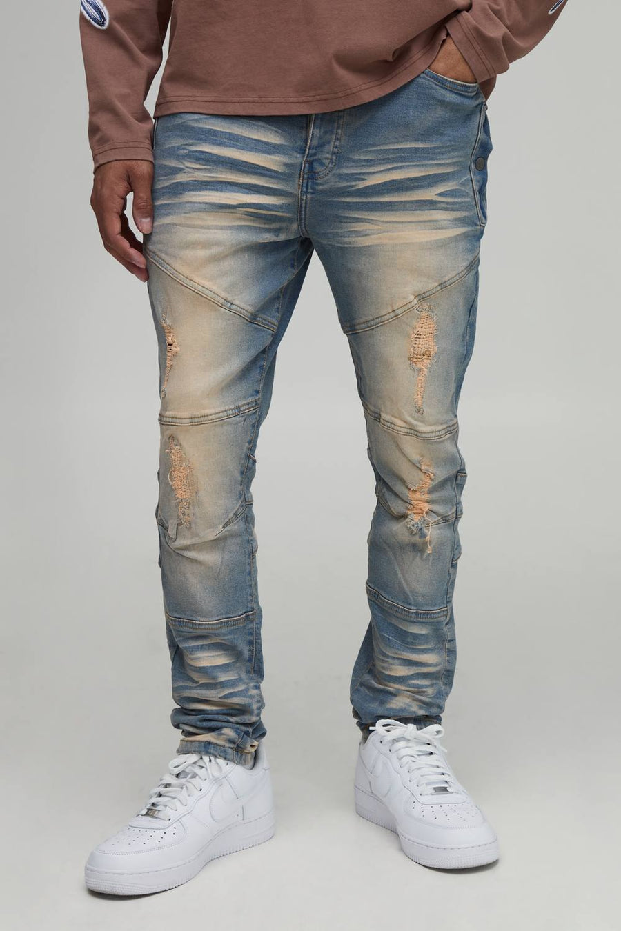 Bleached Skinny Fit Ripped Jeans | Bleach Wash | Size 36R