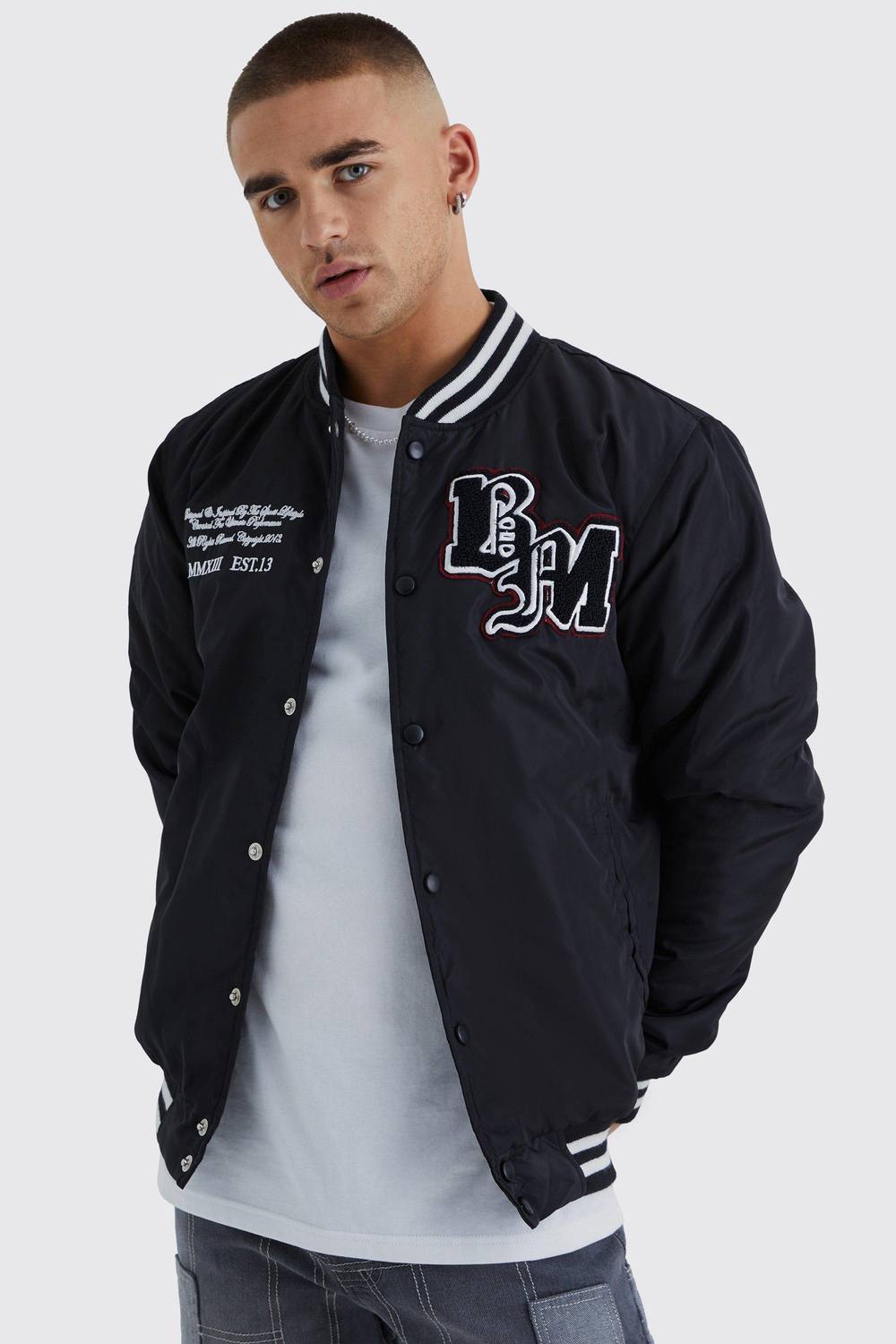 Men's Nylon Varsity Jacket With Badges | Black | Size Medium | BOOHOOMAN