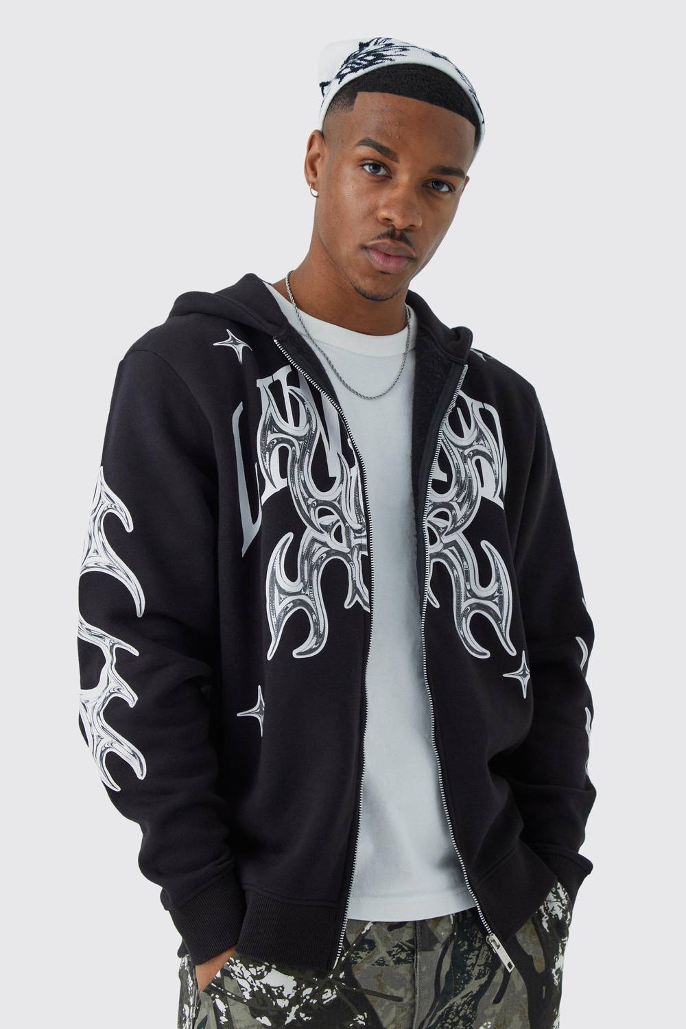 Men's Oversized Zip Through Limited Graphic Hoodie | Black | Size Medium | BOOHOOMAN