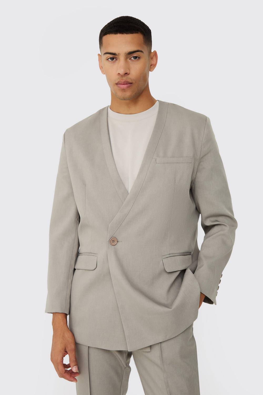 Men's Collarless Straight Blazer | Grey | Size 34 | BOOHOOMAN