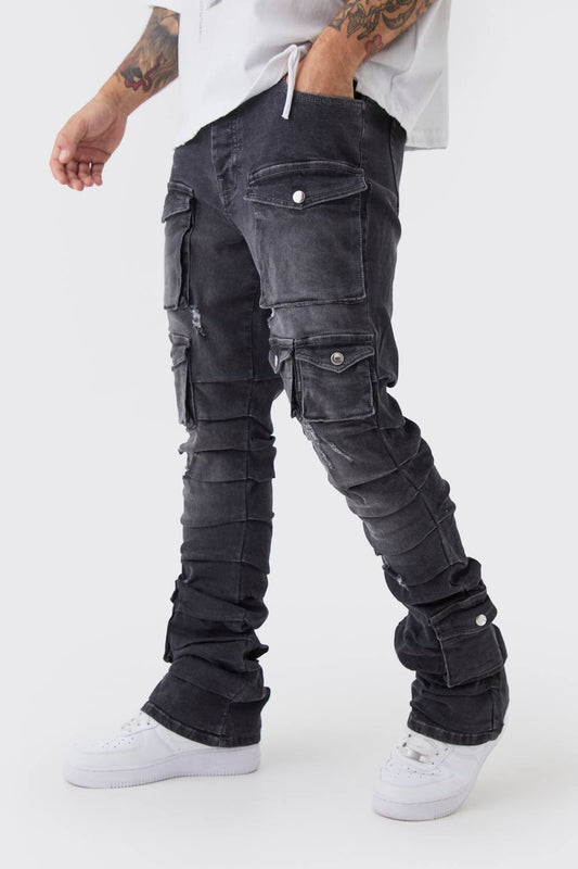 Skinny Stacked Multi Cargo Pocket Flared Jeans | Mid Grey | Size 36R