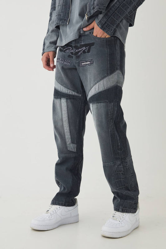 Straight Leg Moto Applique Jeans | Grey | Size 36R