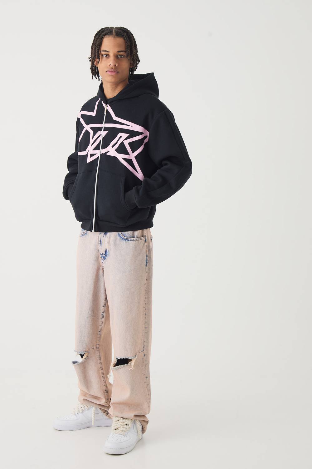 Oversized Boxy Star Printed Zip Through Hoodie | Black | Size Small