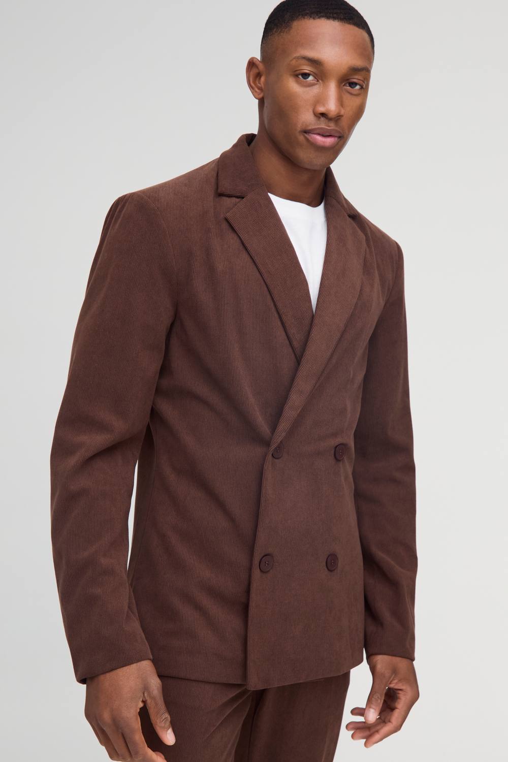 Men's Skinny Fit Double Breasted Corduroy Blazer | Chocolate | Size 38 | BOOHOOMAN