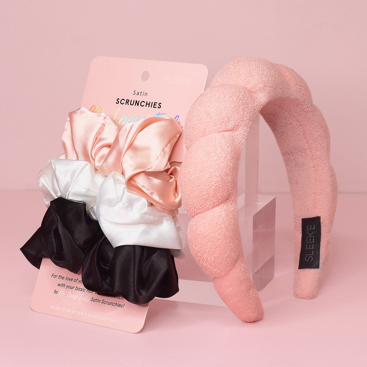 Cloud Nine Hair Essentials Bundle (Spa Headband & Satin Scrunchies) - Millennial Pink