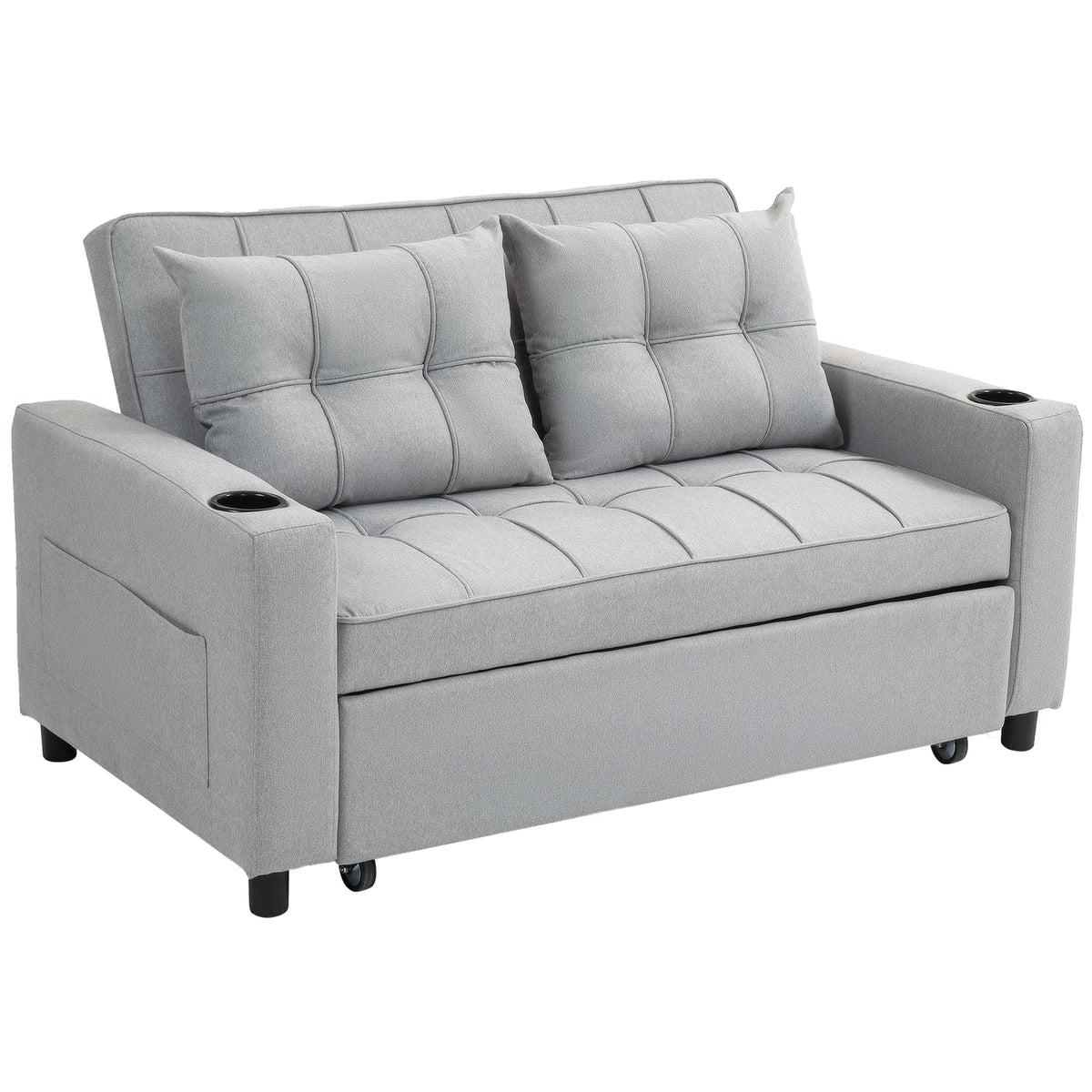 HOMCOM 2 Seater Pull Out Sofa Bed with Pockets for Living Room - Light Grey
