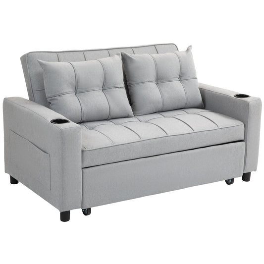 HOMCOM 2 Seater Pull Out Sofa Bed with Pockets for Living Room - Light Grey
