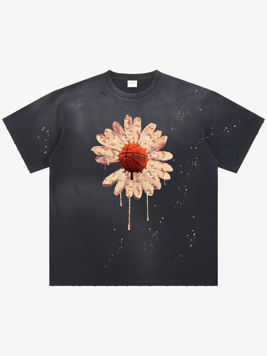Supermade Floral Basketball Ink Splatter Graphic T-Shirt - Black / M