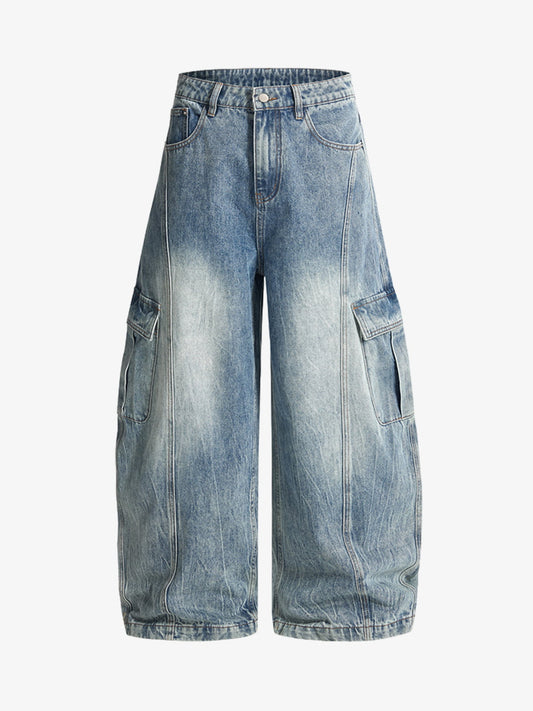 Vintage Cargo Pocket Washed Barrel Jeans - Blue / XS