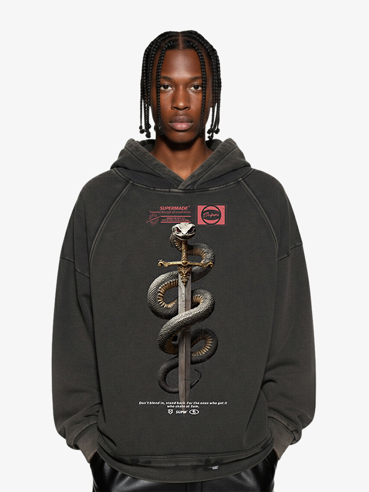 Vintage Washed Snake Staff Graphic Hoodie - Black / M
