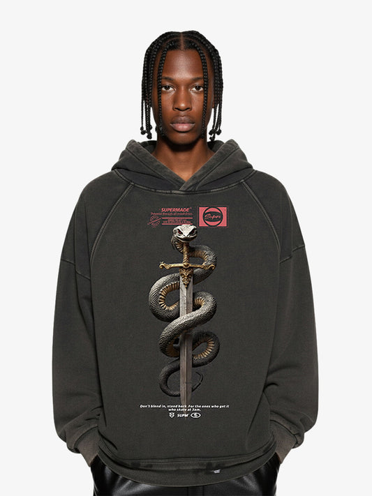 Vintage Washed Snake Staff Graphic Hoodie - Black / M