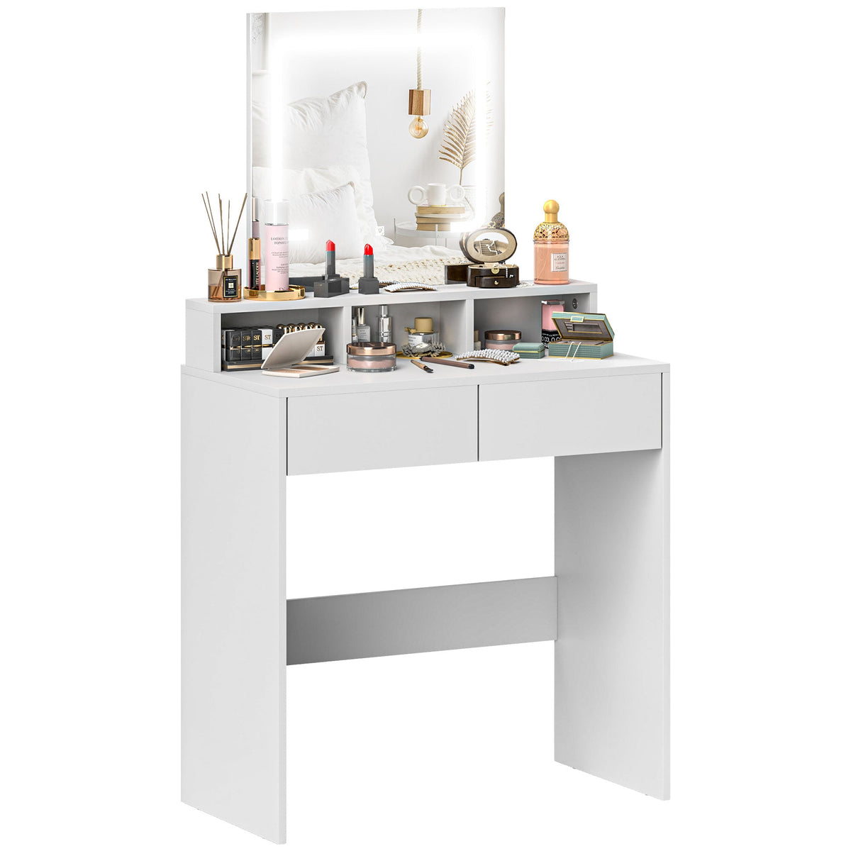 HOMCOM Dressing Table with Mirror, LED Lights, Drawers, for Bedroom, White
