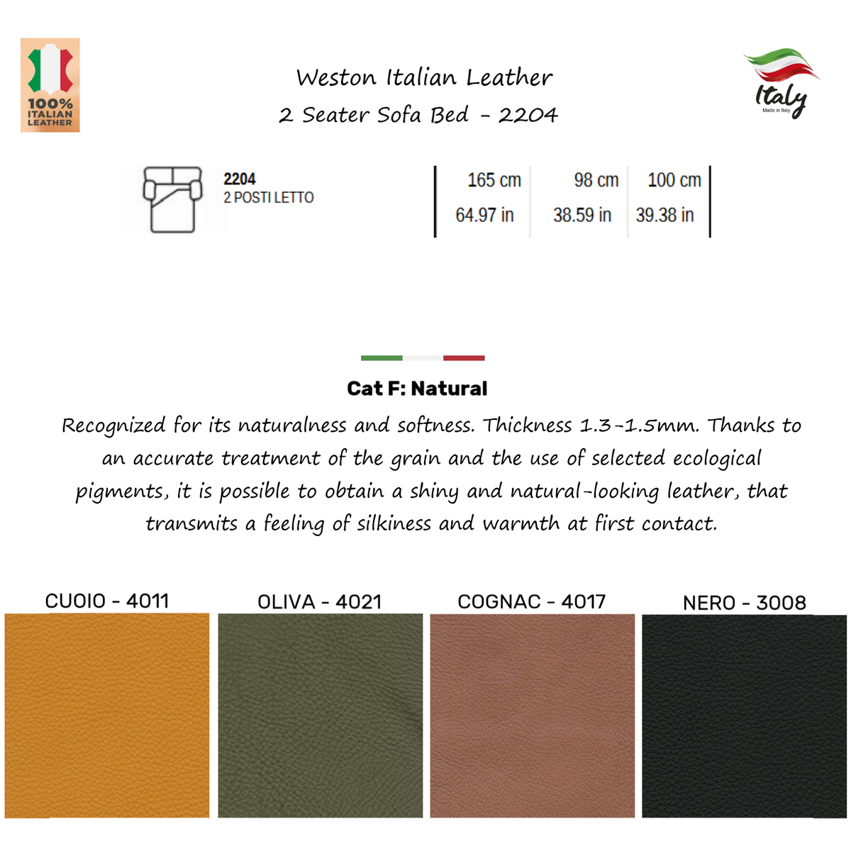 Weston Italian Leather Easy Open Sofa Bed - Choice Of Sizes & Leathers - 2 Seater Sofa Bed - 2204 / Oliva - 4021 - Cat F