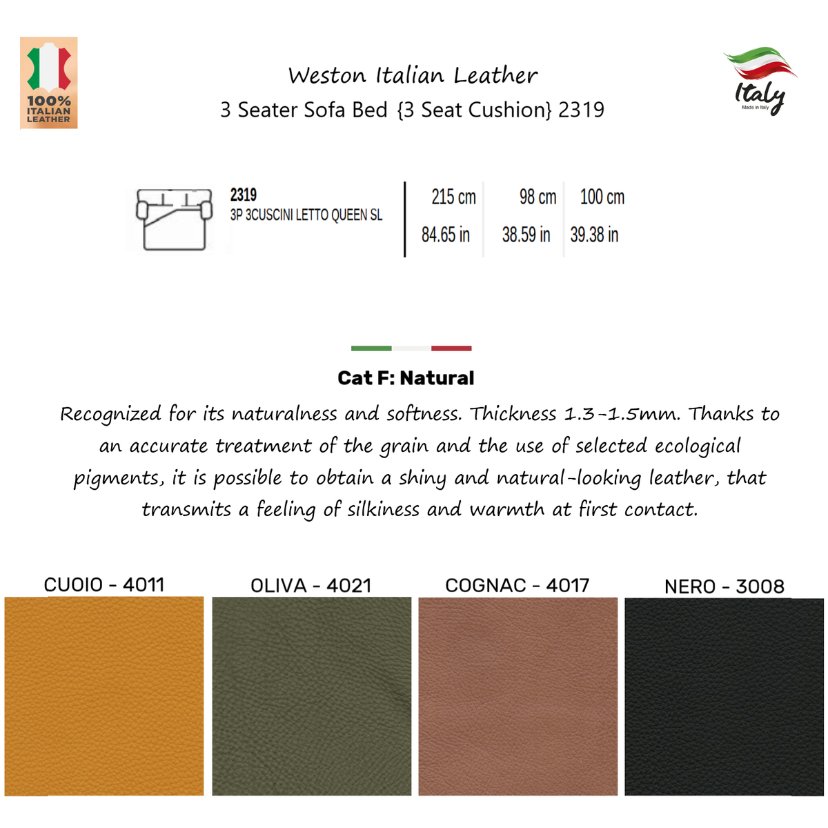 Weston Italian Leather Easy Open Sofa Bed - Choice Of Sizes & Leathers - 3 Seater Sofa Bed {3 Seat Cushion} 2319 / Cognac - 4017 - Cat F