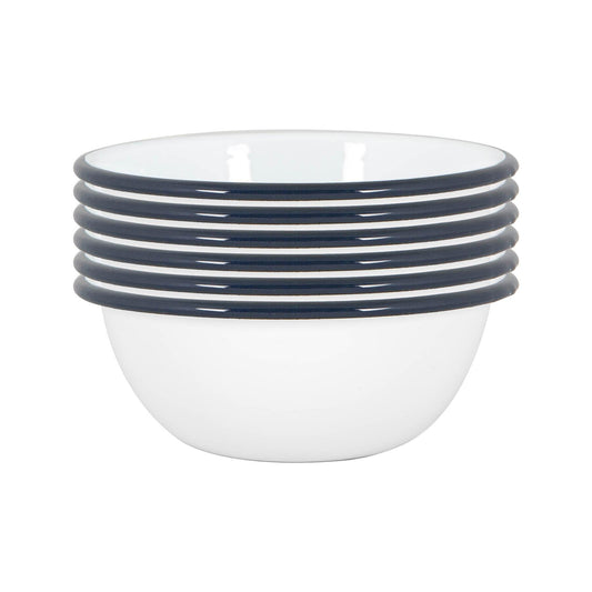 16cm White Enamel Bowls - Pack of Six - Navy