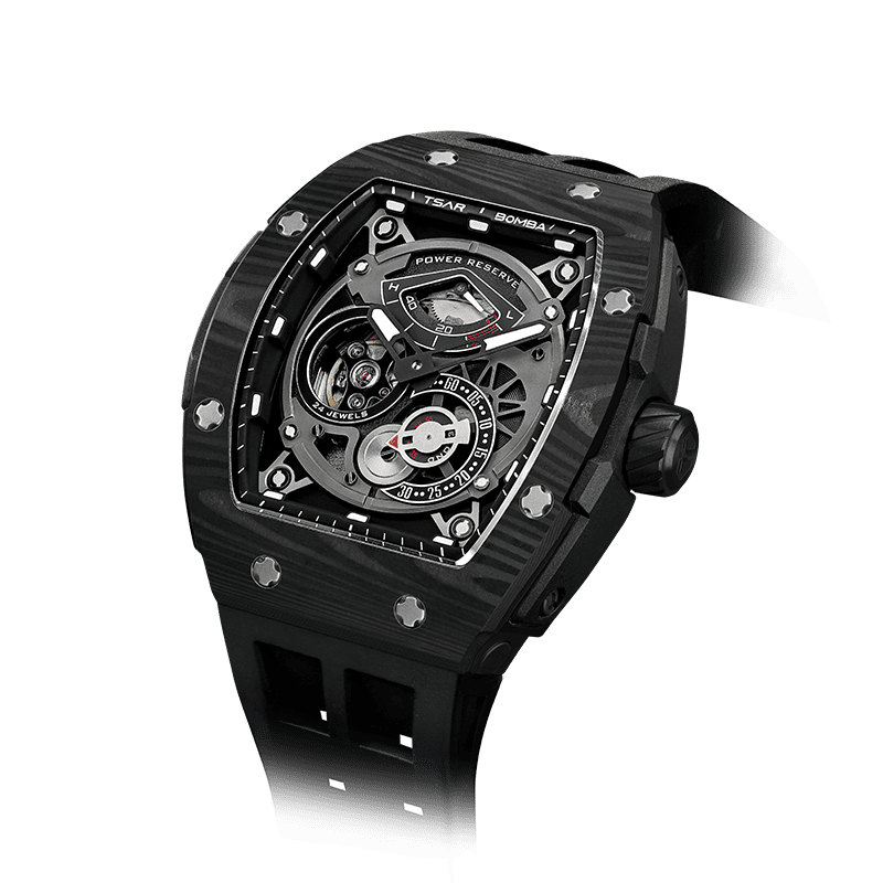 schwarze Uhr TSAR BOMBA watch– Herren-Sport-Skelett-Automatikuhr mit Carbonfaser-Lünette, Gangreserveanzeige Cool Black
