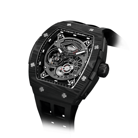 schwarze Uhr TSAR BOMBA watch– Herren-Sport-Skelett-Automatikuhr mit Carbonfaser-Lünette, Gangreserveanzeige Cool Black