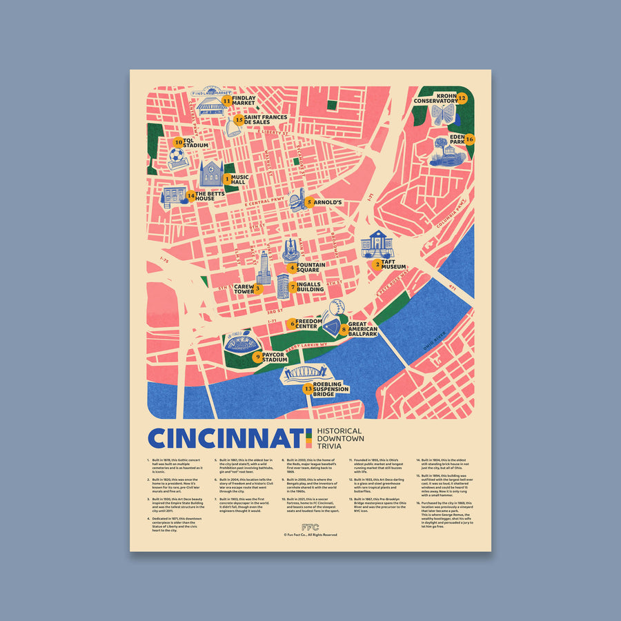 Cincinnati Fun Fact Trivia Map Print - 12x16" / Unframed