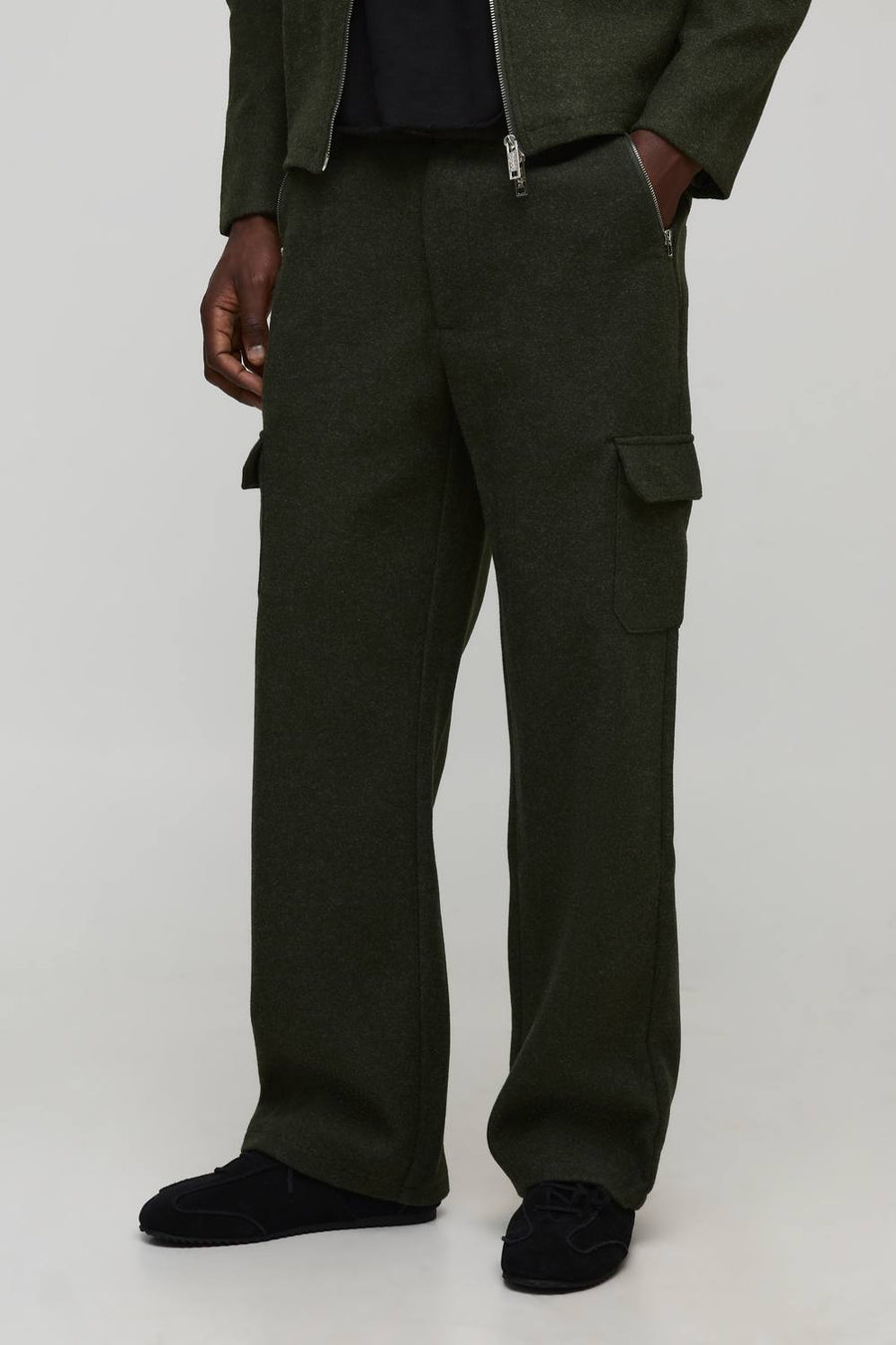 Relaxed Fit Wool Look Fixed Waistband Trousers | Khaki | Size 30