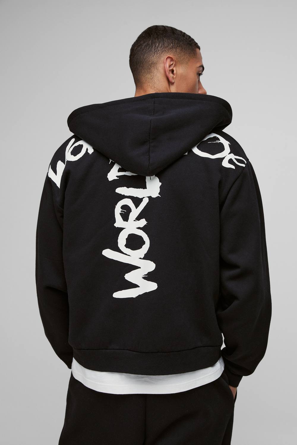 Oversized Boxy Zip Through Worldwide Graffiti Print Zip Through Hoodie | Black | Size Medium