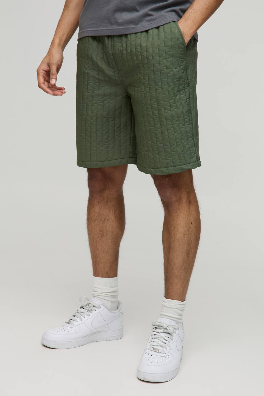 Elasticated Relaxed Fit Quilted Nylon Shorts | Khaki | Size Medium