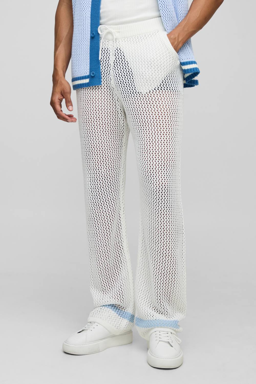 Relaxed Fit Open Stitch Stripe Detail Knitted Joggers | White | Size Small