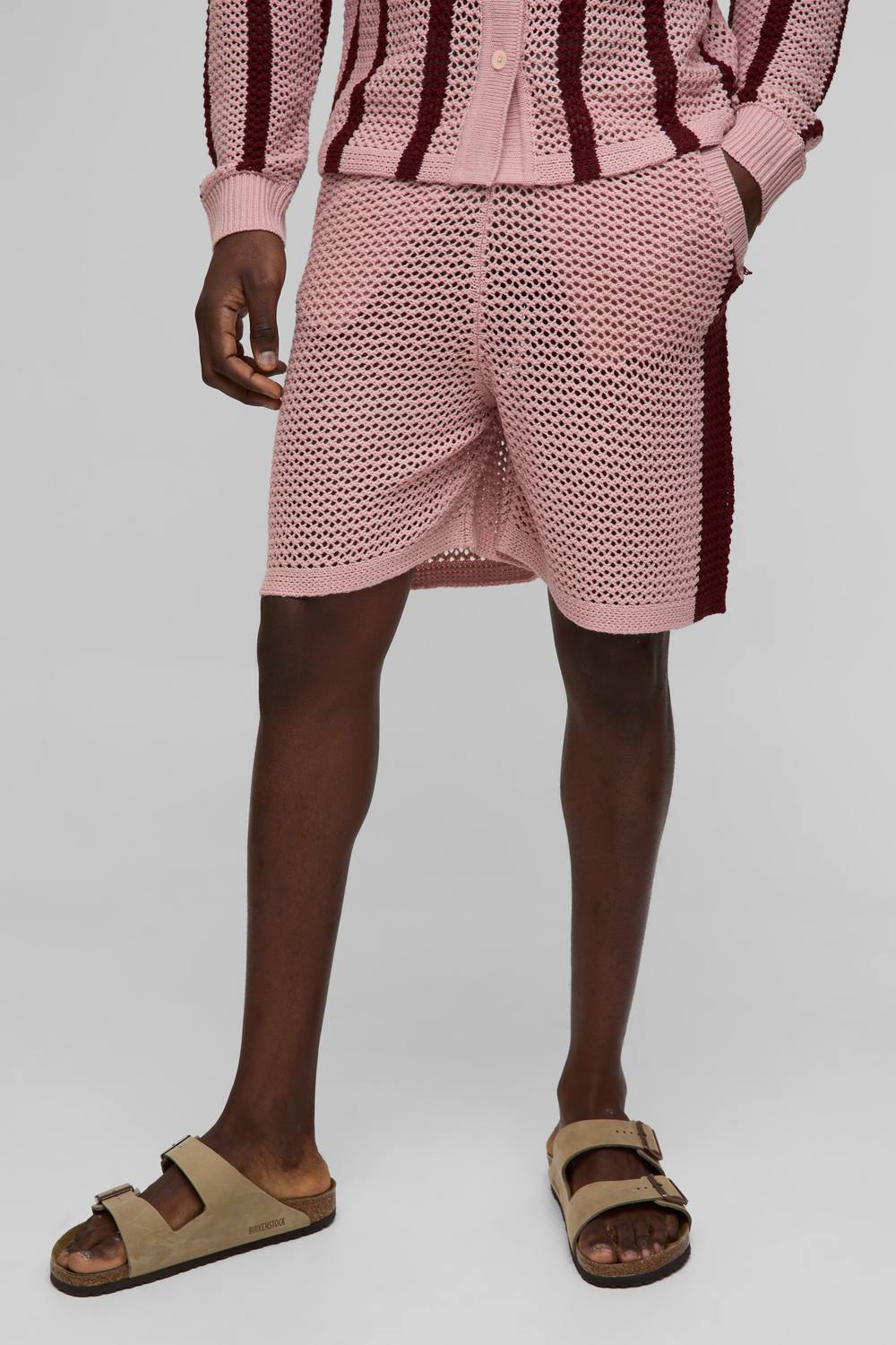 Relaxed Fit Side Stripe Open Stitch Knitted Shorts | Burgundy | Size Small