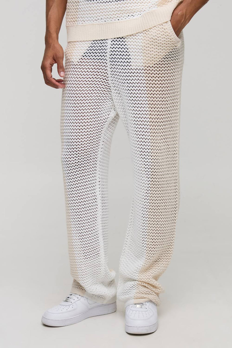 Relaxed Fit Colour Block Open Stitch Knitted Joggers | Stone | Size Small