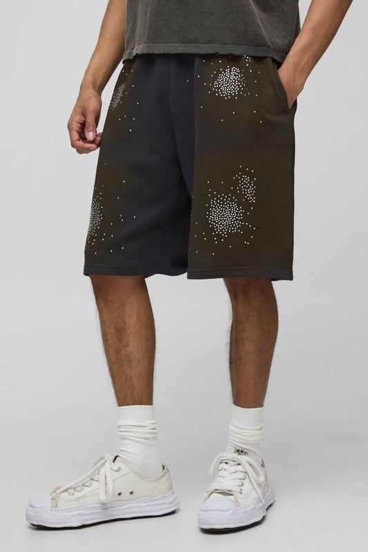 Baggy Fit Washed Rhinestone Jersey Shorts | Charcoal | Size Medium