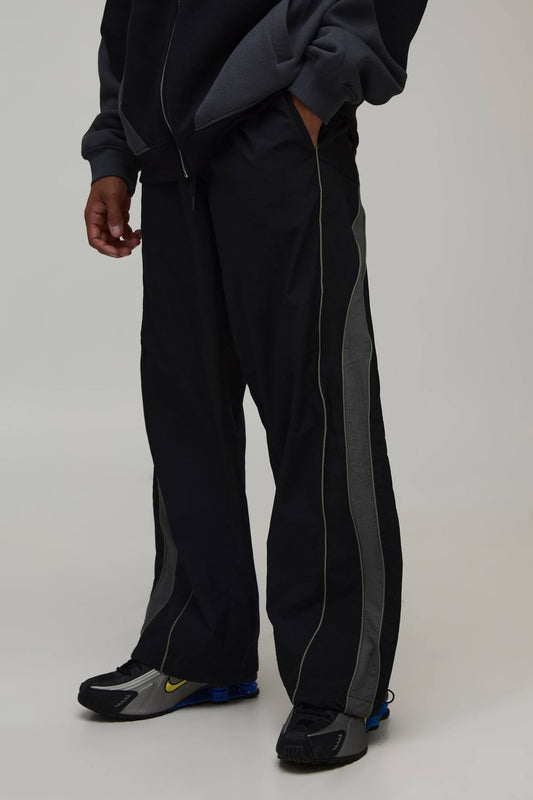 Elasticated Waist Piping Detail Parachute Track Pants | Black | Size Medium