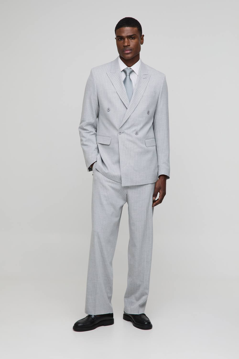 Men's Oversized Pinstripe Double Breasted Suit Jacket | Grey | Size 42 | BOOHOOMAN