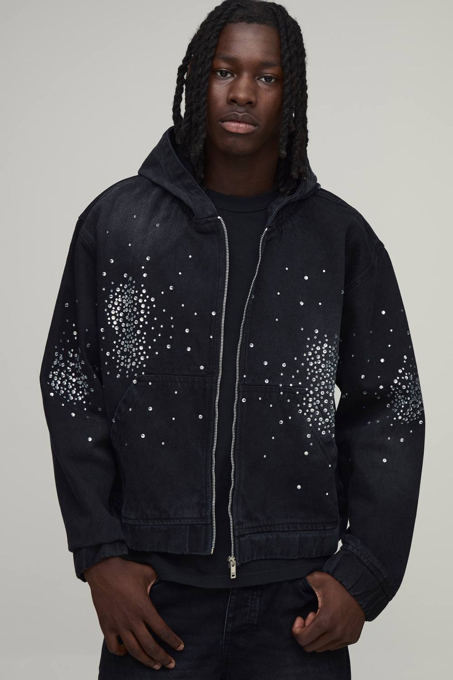 Boxy Rhinestone Washed Black Denim Hoodie | Size Medium