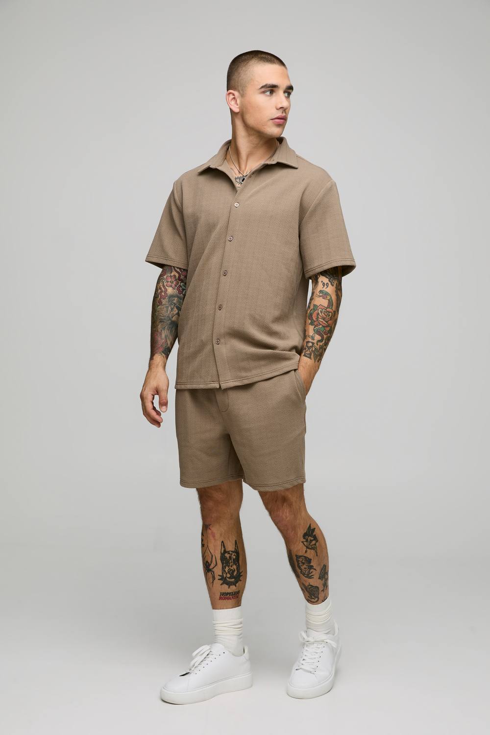 Short Sleeve Jersey Herringbone Shirt & Short Set | Taupe | Size Medium