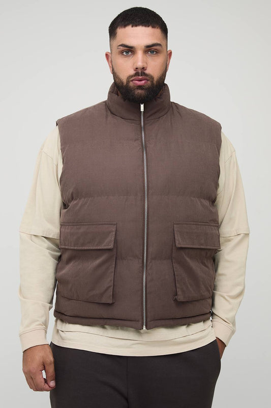 Plus Boxy Faux Suede Funnel Neck Gilet In Chocolate | Size 2XL