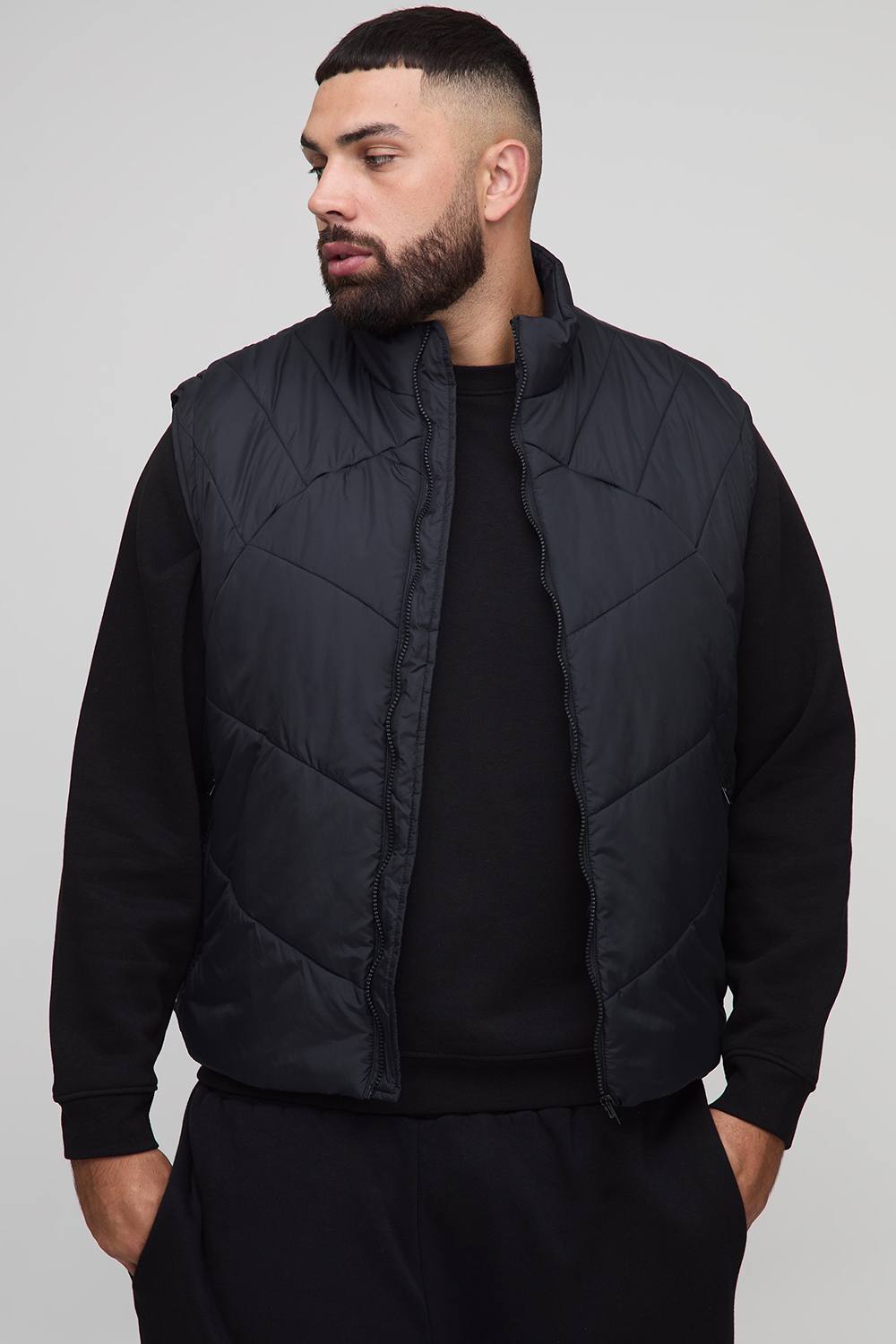 Plus Abstract Quilted Funnel Neck Gilet In Black | Size 2XL
