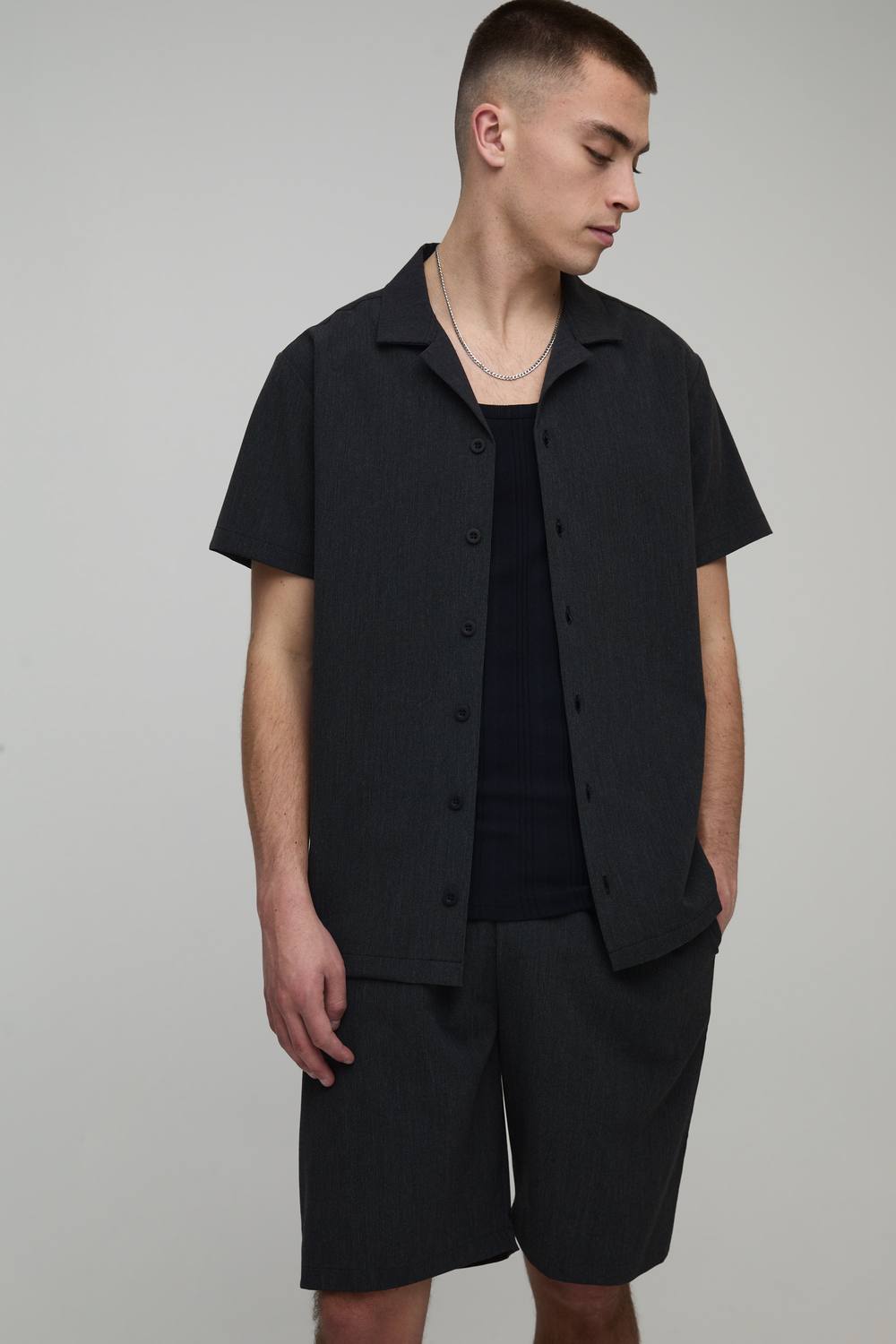 Regular Fit Seersucker Stripe Shirt & Short Set | Black | Size Medium
