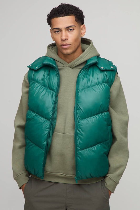 Regular Fit Sheen Panelled Hooded Funnel Puffer Gilet | Green | Size Small