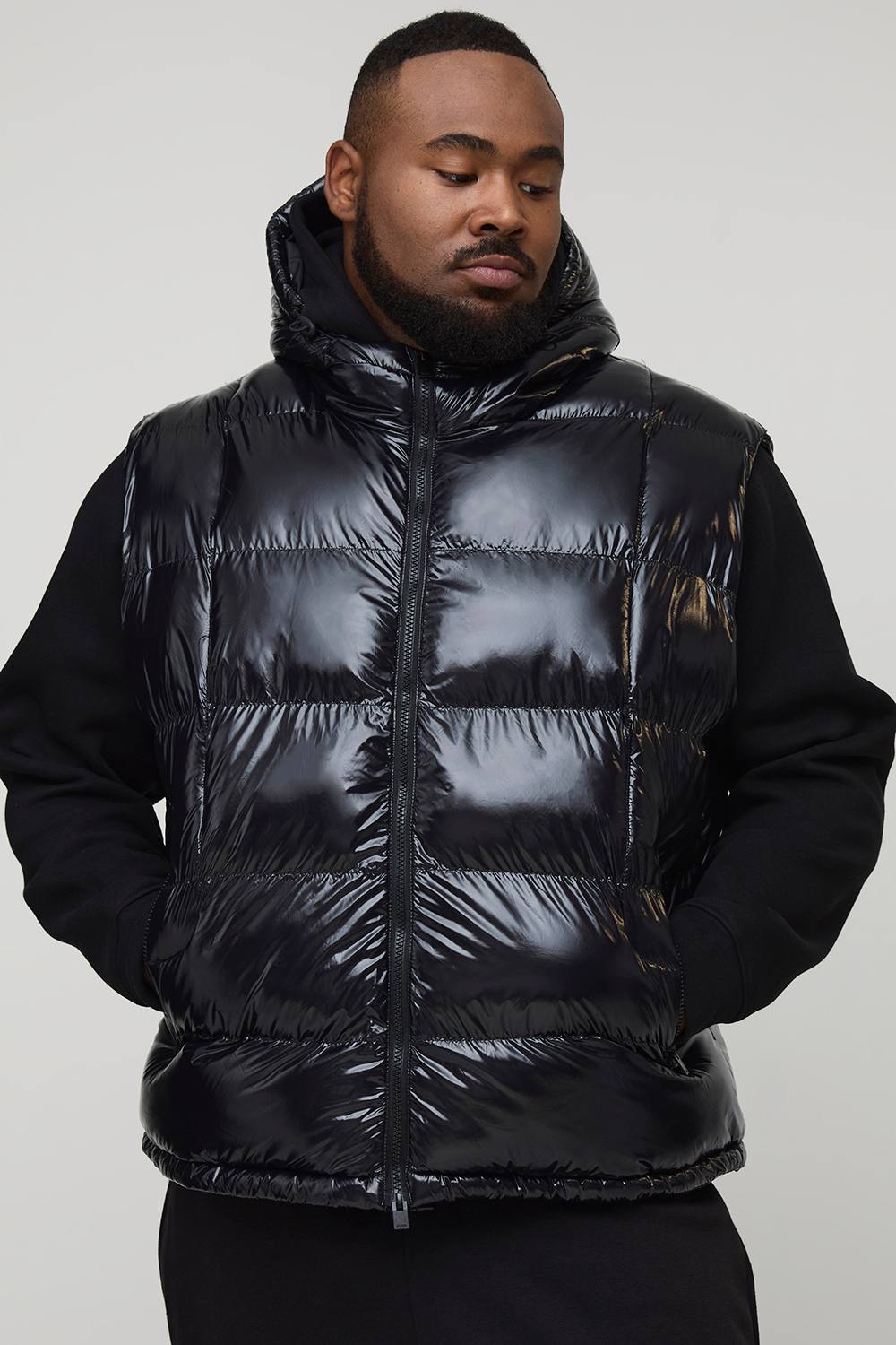 Plus Regular Fit High Shine Quilted Hooded Puffer Gilet | Black | Size 2XL